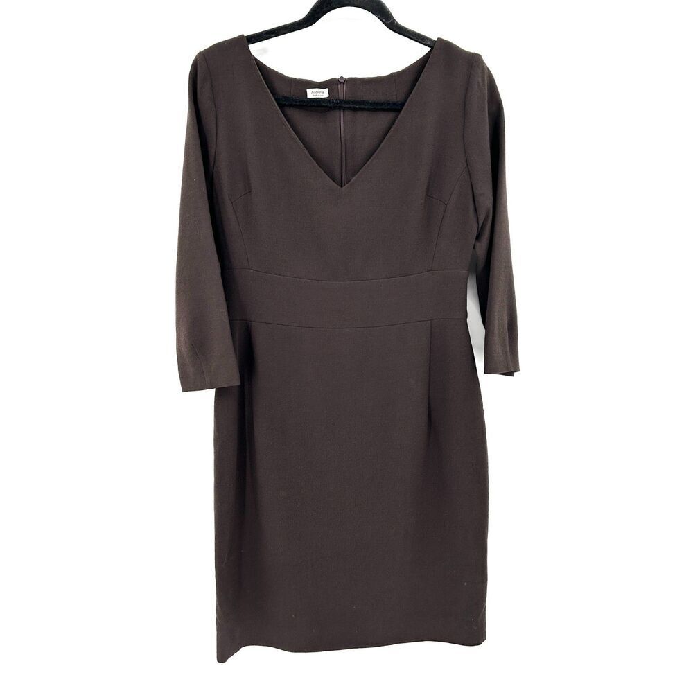 AGNONA Brown 100% Wool Long Sleeve V-Neck Pleated Office Sheath Dress Size 10